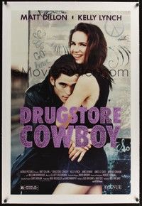 4z062 DRUGSTORE COWBOY linen 1sh '90 Matt Dillon & sexy Kelly Lynch, directed by Gus Van Sant!