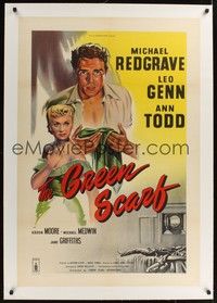 4z236 GREEN SCARF linen English 1sh '54 Michael Redgrave defends blind/deaf/mute accused of murder!