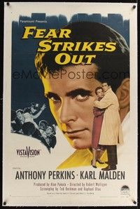 4z069 FEAR STRIKES OUT linen 1sh '57 Anthony Perkins as Boston Red Sox baseball player Jim Piersall!