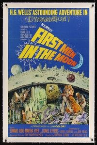 4z071 FIRST MEN IN THE MOON linen 1sh '64 Ray Harryhausen, H.G. Wells, fantastic sci-fi artwork!