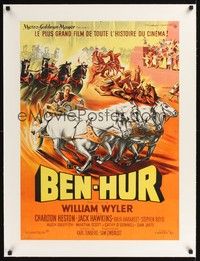 4z357 BEN-HUR linen French 23x32 '60 William Wyler, Heston, different chariot art by Roger Soubie!