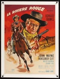 4z372 RED RIVER linen French 23x32 R64 different art of John Wayne by Georges Allard, Howard Hawks