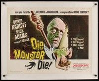 4z011 DIE, MONSTER, DIE linen 1/2sh '65 cool artwork of Boris Karloff, the ultimate in diabolism!