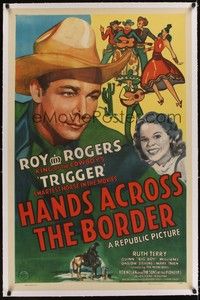 4z084 HANDS ACROSS THE BORDER linen 1sh '43 wonderful close up artwork of cowboy Roy Rogers!
