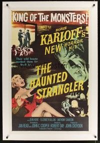 4z085 HAUNTED STRANGLER linen 1sh '58 creepy Boris Karloff marked their death by their wild beauty!
