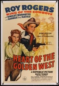 4z087 HEART OF THE GOLDEN WEST linen 1sh '42 cool art of Roy Rogers by Ruth Terry shooting gun!