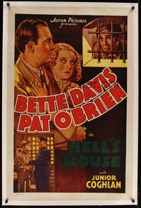 4z088 HELL'S HOUSE linen 1sh R30s Bette Davis top billed in movie she had a minor role in!