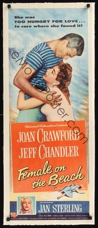 4z004 FEMALE ON THE BEACH linen insert '55 art of Joan Crawford and Jeff Chandler embracing!