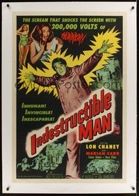 4z103 INDESTRUCTIBLE MAN linen 1sh '56 Lon Chaney Jr. as inhuman, invincible, inescapable monster!