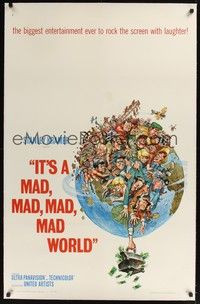 4z105 IT'S A MAD, MAD, MAD, MAD WORLD linen 1sh '64 great art of entire cast on Earth by Jack Davis!