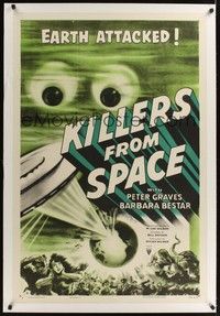 4z109 KILLERS FROM SPACE linen 1sh '54 bulb-eyed men invade Earth from flying saucers, cool art!