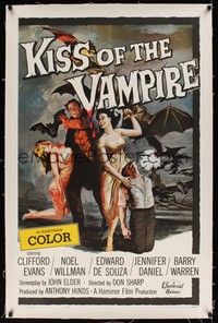4z110 KISS OF THE VAMPIRE linen 1sh '63 Hammer, cool art of devil bats attacking by Joseph Smith!