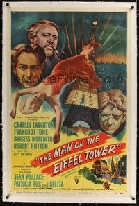 4z120 MAN ON THE EIFFEL TOWER linen 1sh '49 Charles Laughton, sexy Jean Wallace, cool film noir art!