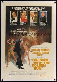 4z122 MAN WITH THE GOLDEN GUN linen style B 1sh '74 different art showing past James Bond villains!