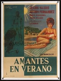 4z274 EL ULTIMO VERANO linen Mexican poster '61 art of sexy Jeanne Valerie in swimsuit on beach!