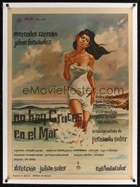 4z278 NO HAY CRUCES EN EL MAR linen Mexican poster '68 art of beautiful Mercedes Carreno in ocean!
