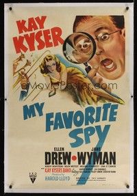 4z134 MY FAVORITE SPY linen 1sh '42 art of detective Kay Kyser spying on sexiest Ellen Drew!