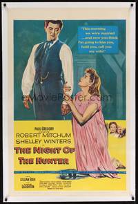 4z136 NIGHT OF THE HUNTER linen 1sh '55 Robert Mitchum, Shelley Winters, Charles Laughton classic!