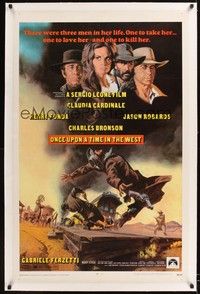 4z138 ONCE UPON A TIME IN THE WEST linen 1sh '68 Leone, art of Cardinale, Fonda, Bronson & Robards!