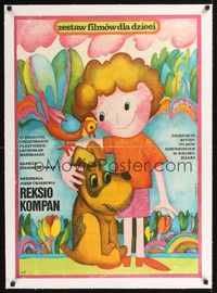 4z339 REKSIO KOMPAN linen Polish 23x33 '77 cute Hanna Bodnar cartoon art of boy & his dog!