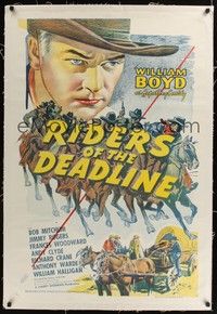 4z156 RIDERS OF THE DEADLINE linen 1sh R40s cool art of Hopalong Cassidy + Bob Mitchum credited!