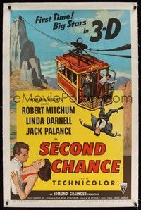 4z162 SECOND CHANCE linen 1sh '53 cool 3-D artwork of Robert Mitchum & sexy Linda Darnell!