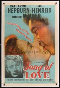 4z170 SONG OF LOVE linen 1sh '47 art of Katharine Hepburn & Paul Henreid kissing + Robert Walker!