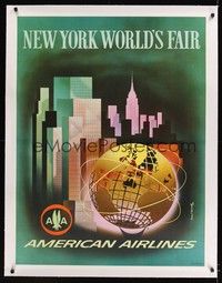 4z208 AMERICAN AIRLINES NEW YORK WORLD'S FAIR linen travel poster 1964 art by Henry K. Benscathy!
