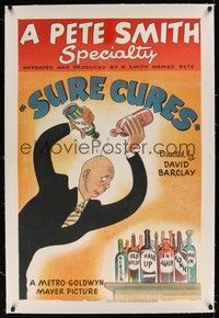 4z175 SURE CURES linen 1sh '46 great cartoon art of man trying all sorts of baldness remedies!