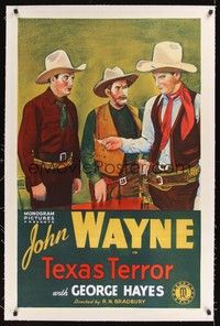 4z184 TEXAS TERROR linen 1sh R39 stone litho of sheriff John Wayne turning in his badge!