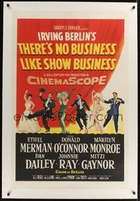 4z186 THERE'S NO BUSINESS LIKE SHOW BUSINESS linen 1sh '54 art of Marilyn Monroe & other top cast!