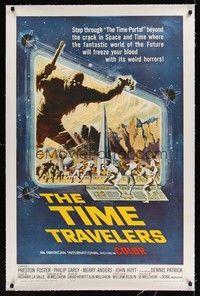 4z189 TIME TRAVELERS linen 1sh '64 cool Reynold Brown sci-fi art of the crack in space and time!