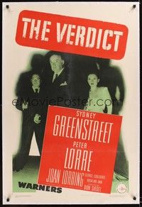 4z195 VERDICT linen 1sh '46 Peter Lorre pointing gun, Sydney Greenstreet, Joan Lorring, Don Siegel