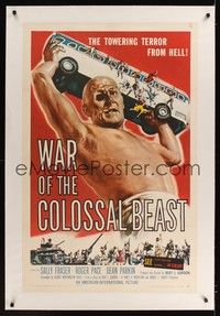 4z198 WAR OF THE COLOSSAL BEAST linen 1sh '58 art of the towering terror from Hell by Albert Kallis!