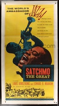 5a261 SATCHMO THE GREAT linen 3sh '57 wonderful image of Louis Armstrong playing his trumpet!