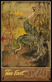 5a226 FAR EAST SAS travel poster '60s great artwork of cranes!