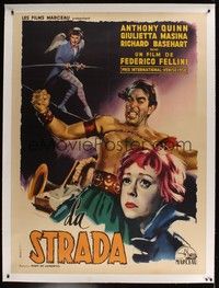 5a278 LA STRADA linen French 1p '55 Fellini, best art of Anthony Quinn & Masina by Enrico De Seta!