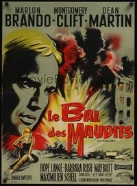 5a148 YOUNG LIONS French 23x32 R60s Grinsson art of Nazi Marlon Brando & exploding city!
