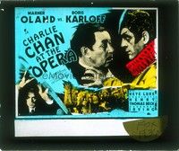 5d149 CHARLIE CHAN AT THE OPERA glass slide '36 cool close up of Warner Oland & Boris Karloff!