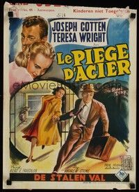 5e727 STEEL TRAP Belgian '52 Wik art of Joseph Cotton & Teresa Wright stealing a million dollars!