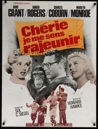5e419 MONKEY BUSINESS French 23x32 R70s Cary Grant w/chimp, Ginger Rogers, sexy Marilyn Monroe!