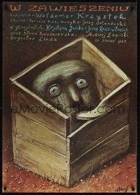 5e158 W ZAWIESZENIU Polish 27x38 '87 bizarre Stasys Eidrigevicius art of man in box!