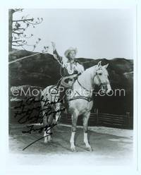5g340 ROY ROGERS signed 8x10 REPRO still '70s great portrait riding on Trigger swinging lasso!