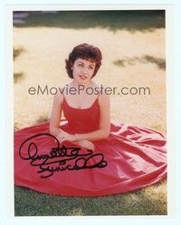 5g235 ANNETTE FUNICELLO signed color 8x10 REPRO still '90s seated on ground with huge red dress!