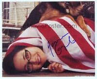 5g254 JANEANE GAROFALO signed color 8x10 REPRO still '00s great c/u wrapped in American Flag w/dog!