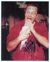 5g294 TOM ARNOLD signed color 8x10 REPRO still '00s wacky c/u putting a whole fish in his mouth!