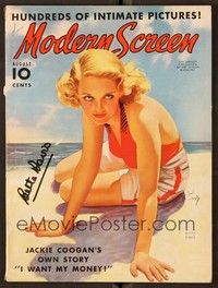5g087 MODERN SCREEN signed magazine August 1938 by Bette Davis, sexiest art by Earl Christy!