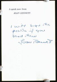 5g106 JOAN BENNETT signed letter '80s note received after she was asked for an autograph!