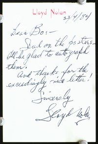 5g108 LLOYD NOLAN signed letter '84 written to fan requesting Nolan autograph posters for him!