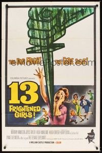 5m015 13 FRIGHTENED GIRLS 1sh '63 William Castle, cool plunging knife & screaming women art!